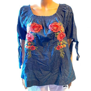 Limberence Co. Boho Chambre Florals Embroidered off shoulder Blouse Women Size L